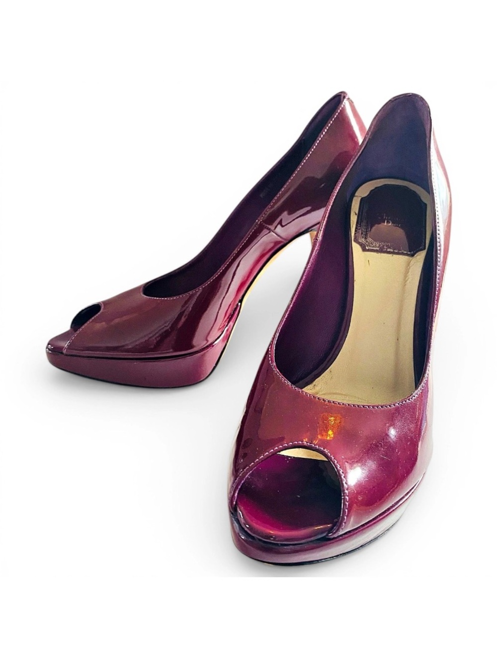 🛍️Dior Authentic Diorella Burgundy Patent Leather Peep-Toe Platform Pumps